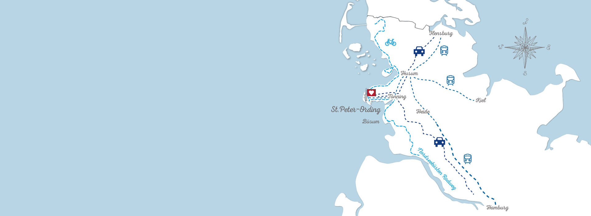 Landkarte mit eingezeichneten Anreisemöglichkeiten nach St. Peter-Ording
