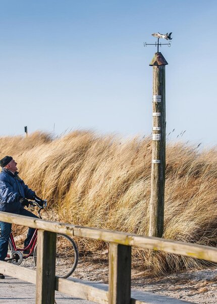 Mann auf seinem Fahrrad auf dem Holzsteg in Ording mit Blick auf den Sturmflut-Pfahl