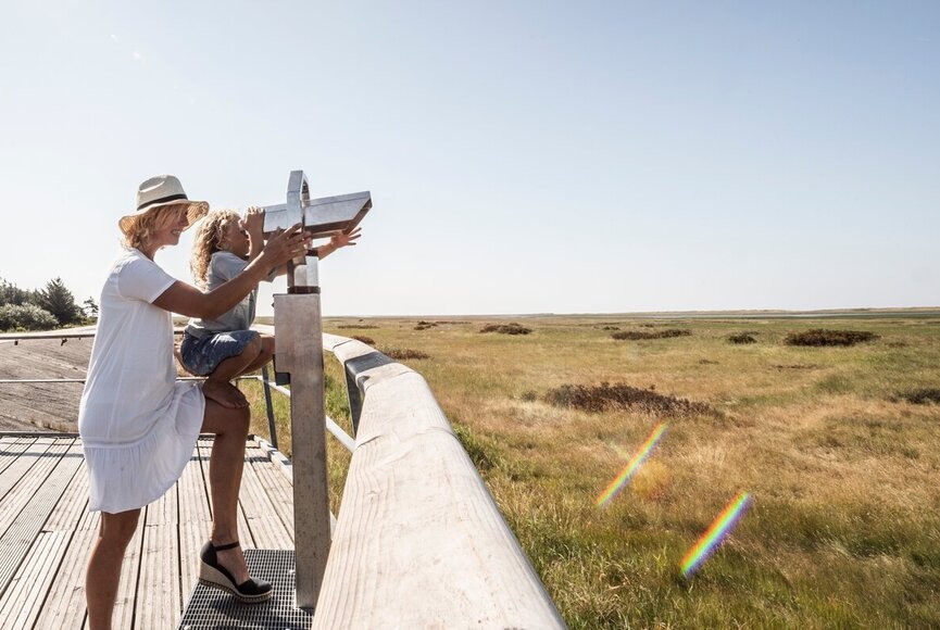 Mutter und Sohn schauen durch fest montiertes Fernglas in die Salzwiesen