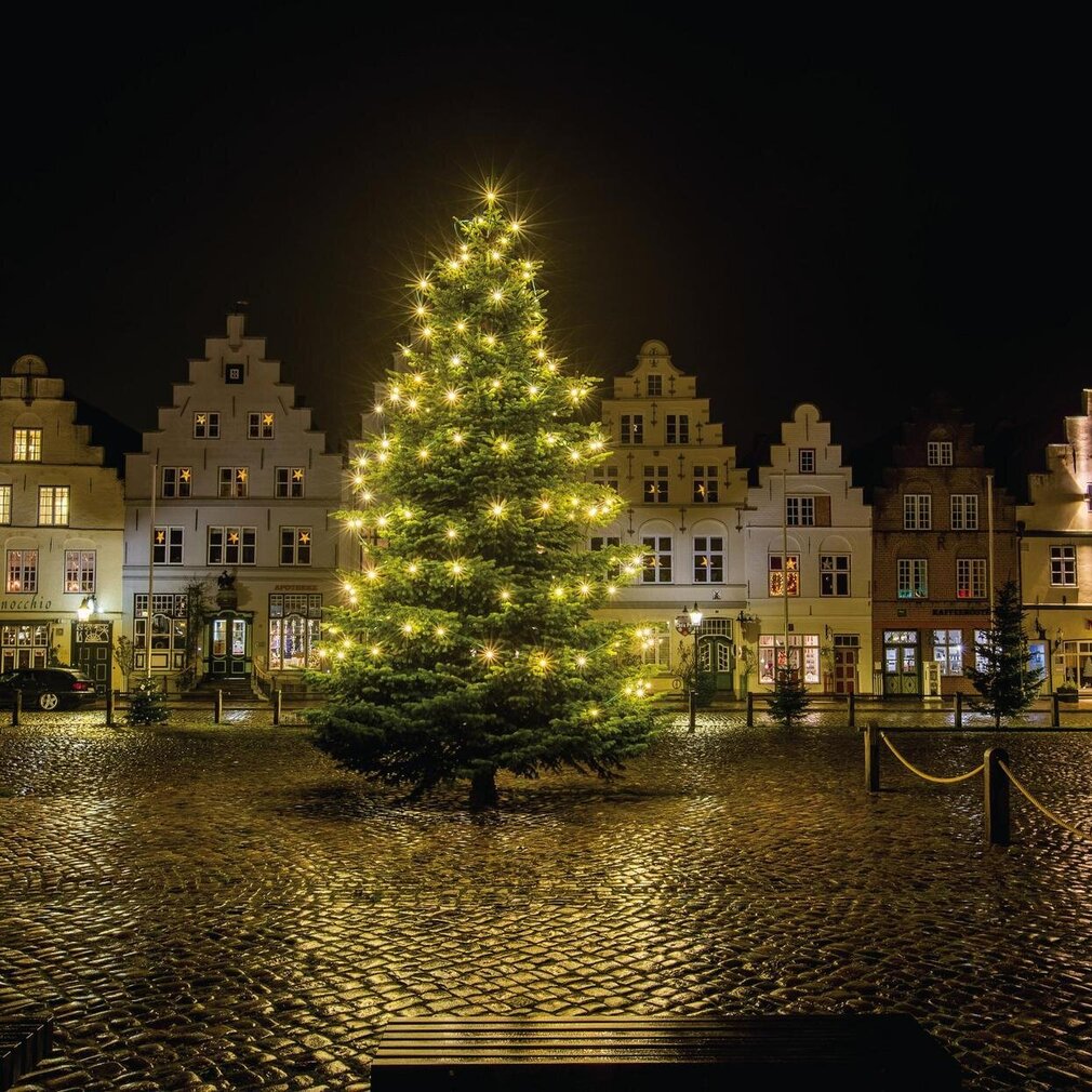 großer Weihnachtsbaum auf dem Marktplatz in Friedrichstadt vor Treppengiebelhäusern