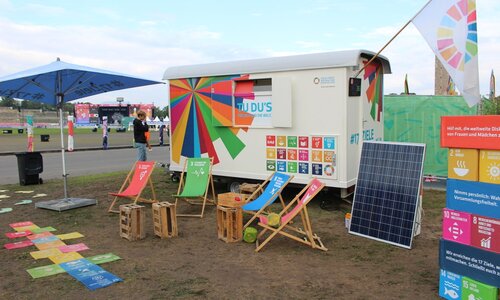 Das 17Ziele Mobil mit bunten Elementen.