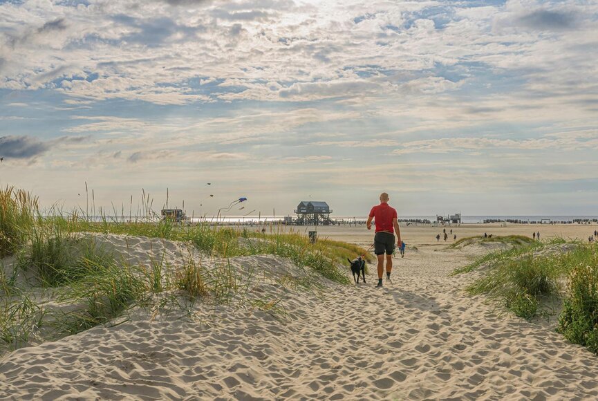 Mann läuft mit Hund über den Sand in Richtung Eventgelände Ording