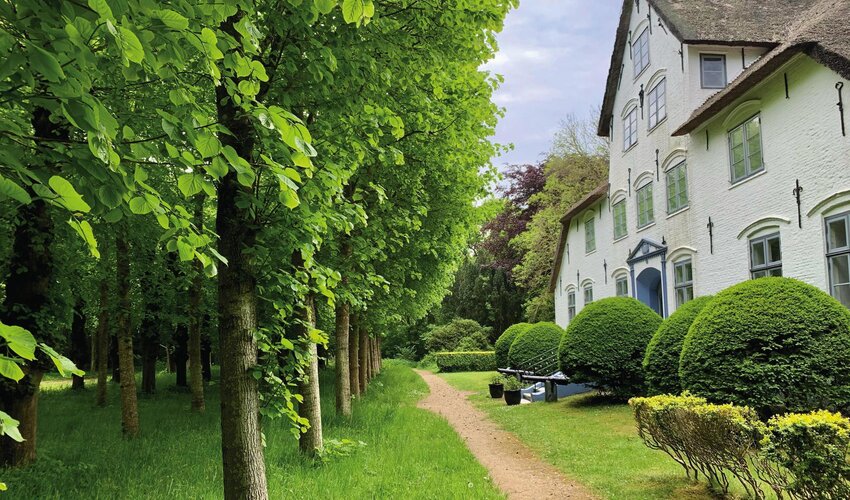 der Haubarg im Hochdorfer Garten zwischen blühenden Bäumen