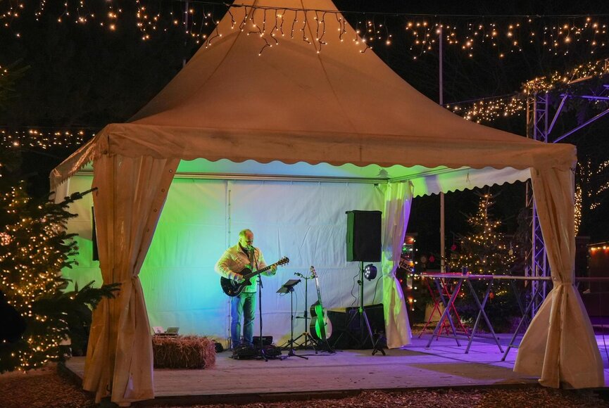 Ein Musiker singt auf dem Weihnachtsmarkt und begleitet sich mit einer Gitarre.