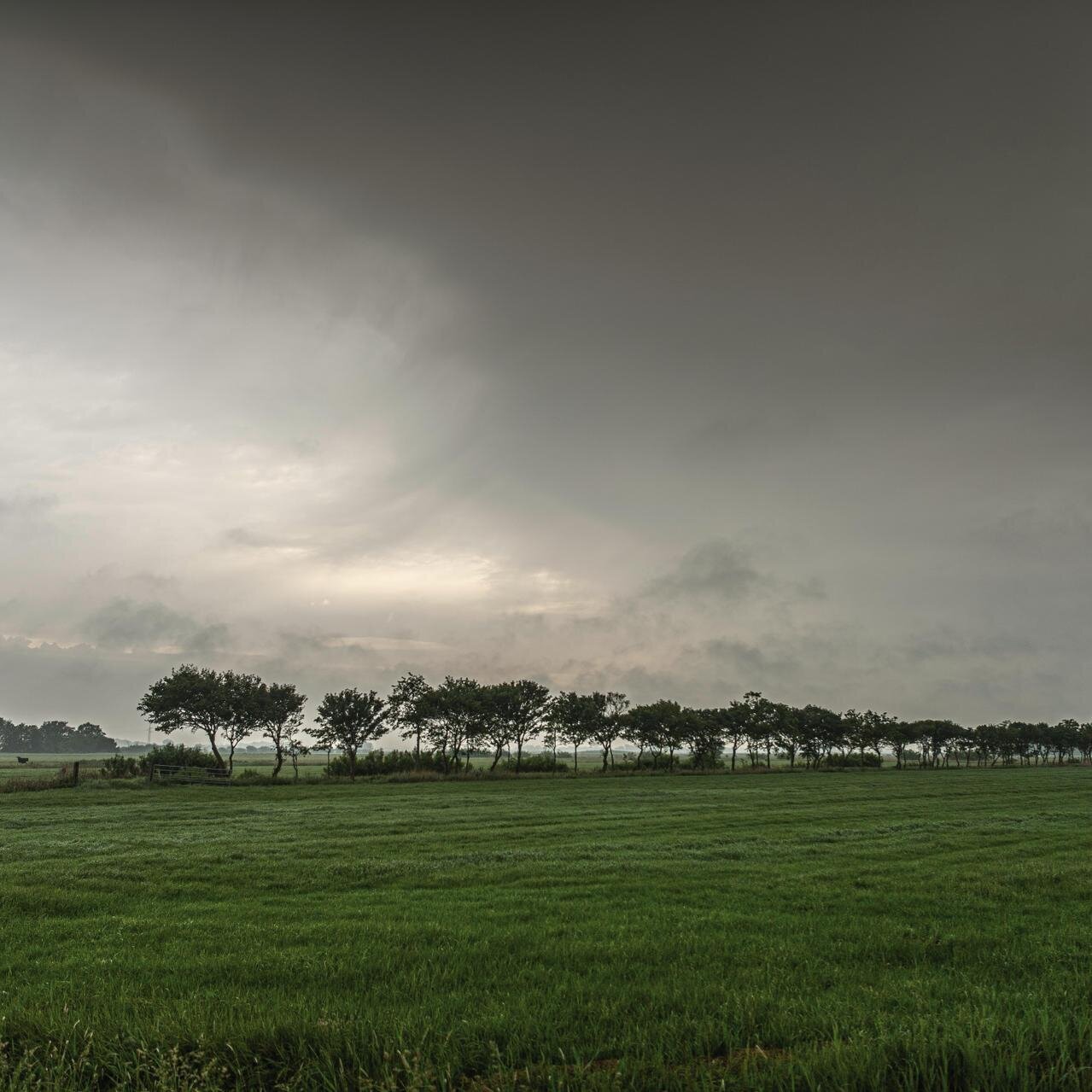graue Wolken über grüner Landschaft