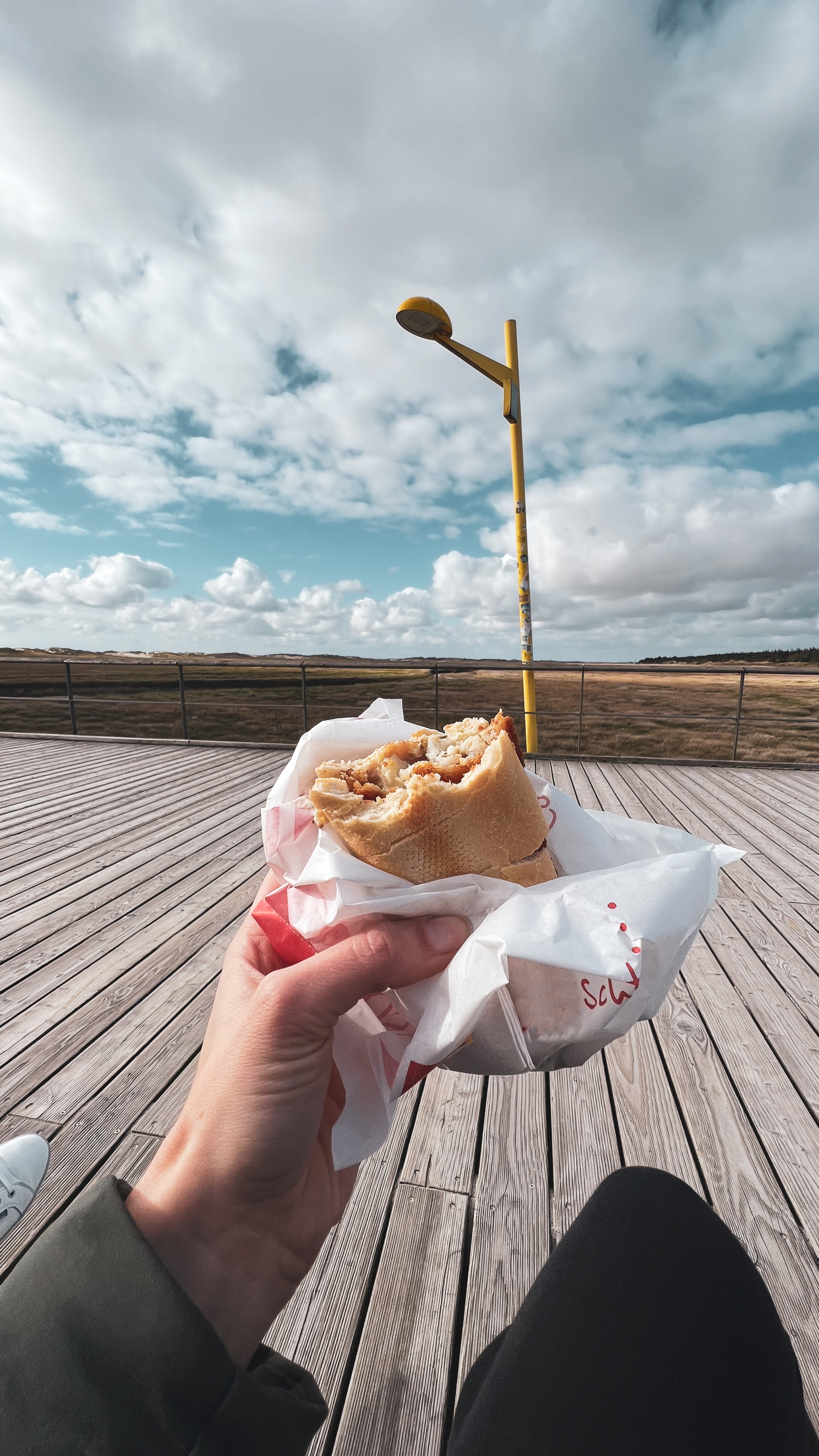 Hand hält Fischbrötchen am Seebrückenvorplatz
