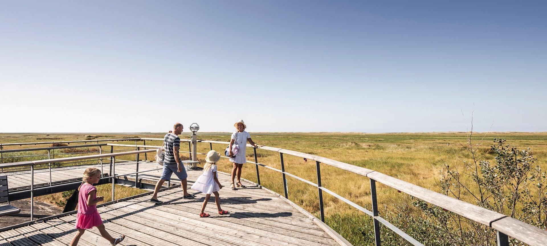Familie auf einer Aussichtsplattform am Deich mit Blick auf die Salzwiesen
