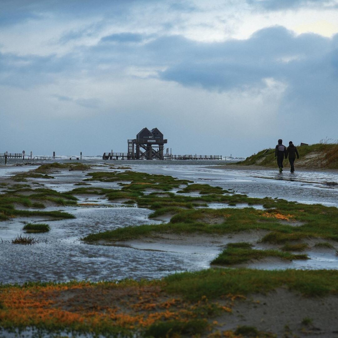 überspülter Strand mit vielen Pfützen in Ording