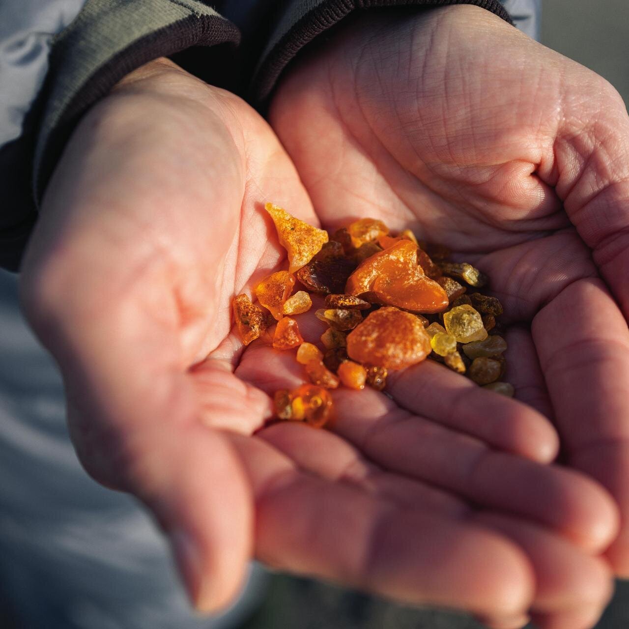 geöffnete Handflächen mit Bernsteinen