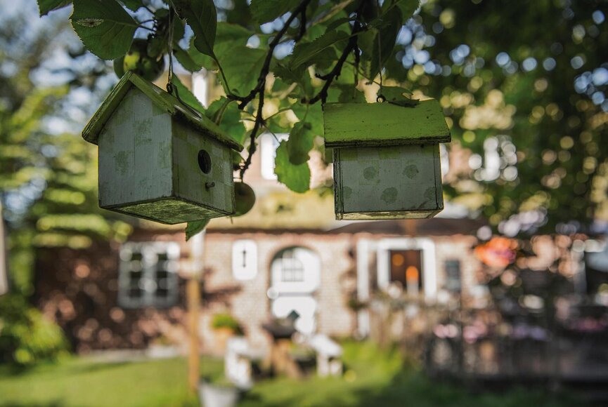 Vogelhäuschen im Baum vor dem Landcafe EClaire